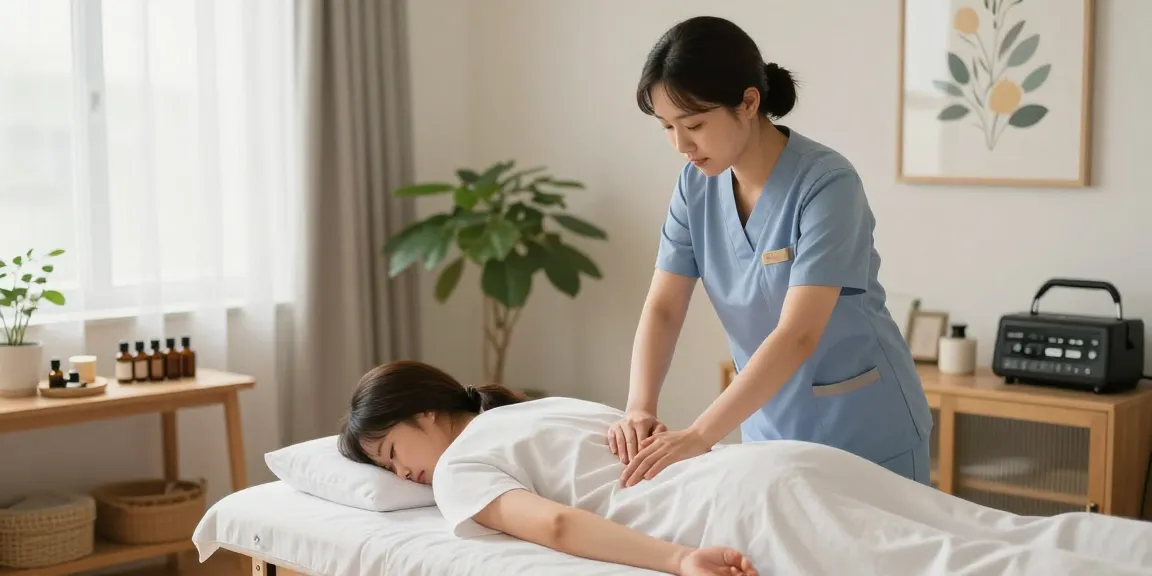 Relaxing wellness scene showcasing 성남출장안마 therapist providing a soothing massage to a client in a tranquil environment.