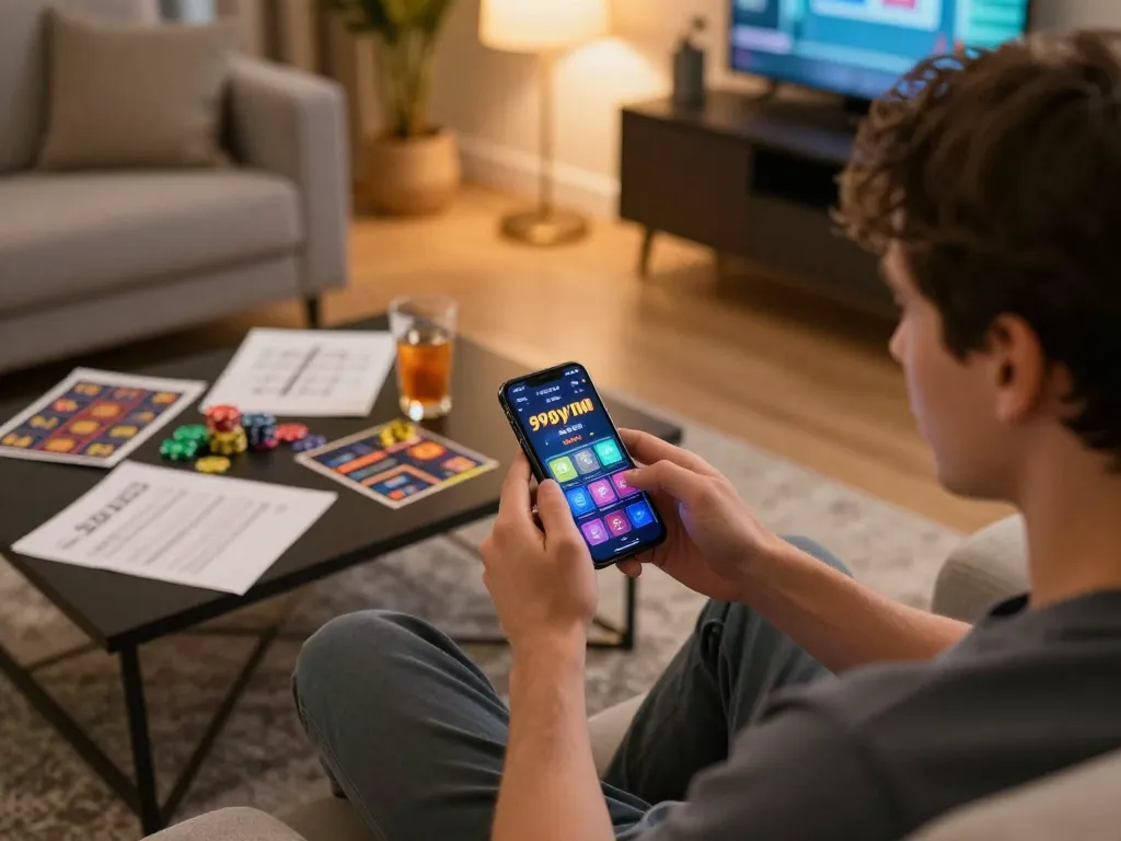 Player enjoying 99win mobile gaming experience on smartphone with cozy home setup
