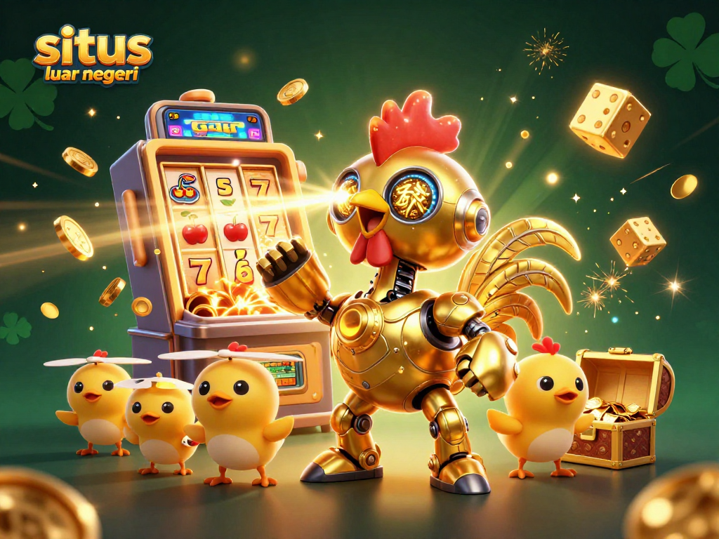 Engage with the excitement of situs server luar negeri, showcasing a golden rooster robot amidst casino action and vibrant game elements.