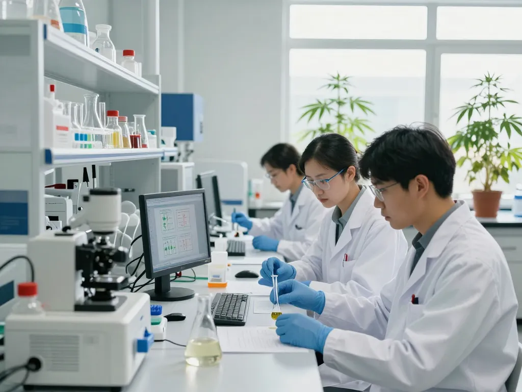 Dedicated research team at a cannabinoid manufacturer Europe developing innovative formulas in a modern lab