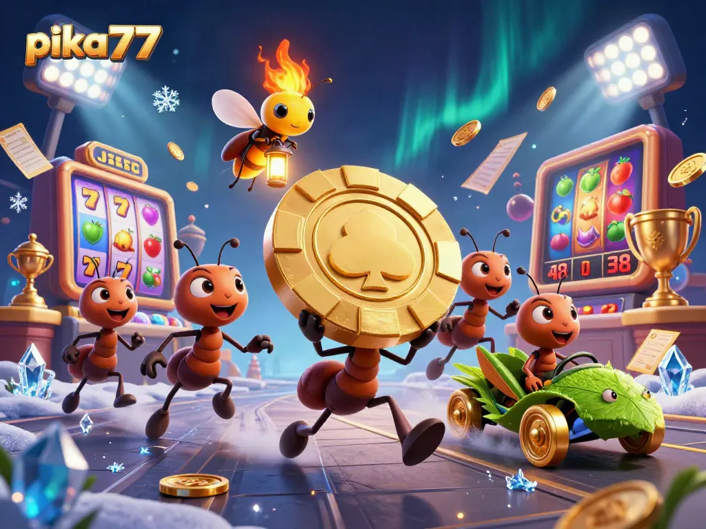 Engage with pika77's thrilling heist scene featuring animated ants in a vibrant online casino.