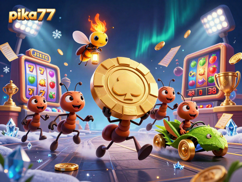 Engage with pika77's thrilling heist scene featuring animated ants in a vibrant online casino.
