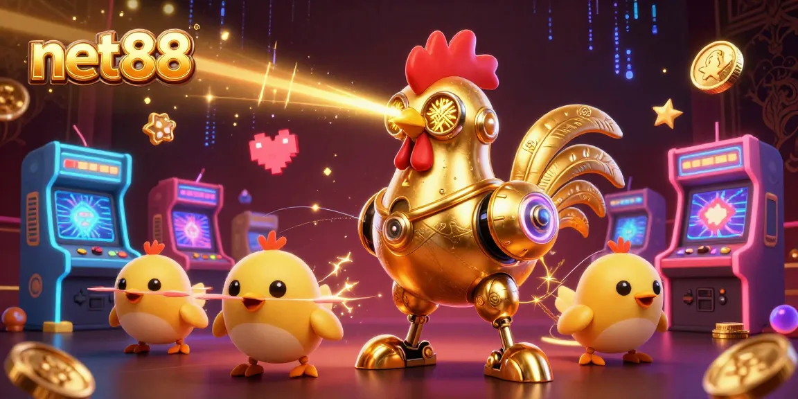 Engage with net88's vibrant casino experience featuring a golden rooster shooting lasers while surrounded by arcade games.