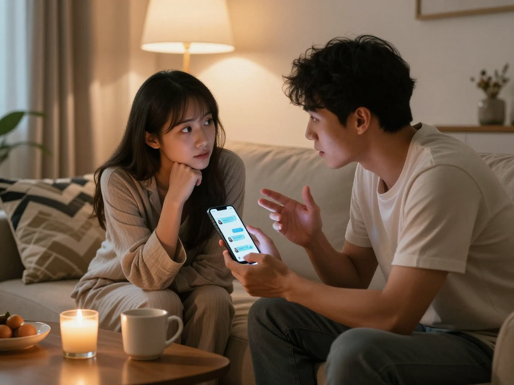 Engaged couple using sex ai chat on smartphone in cozy living room setting.