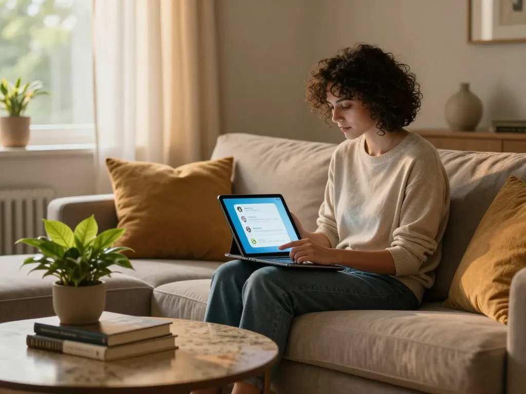 Engaging scene of a person enjoying ai nsfw chatbot conversation in a stylish living room, showcasing modern decor and a warm atmosphere.