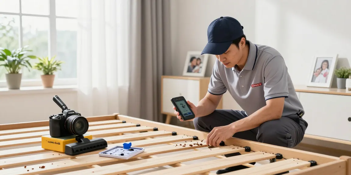 Professional technician conducting bed bug pest control inspection in a bright bedroom.