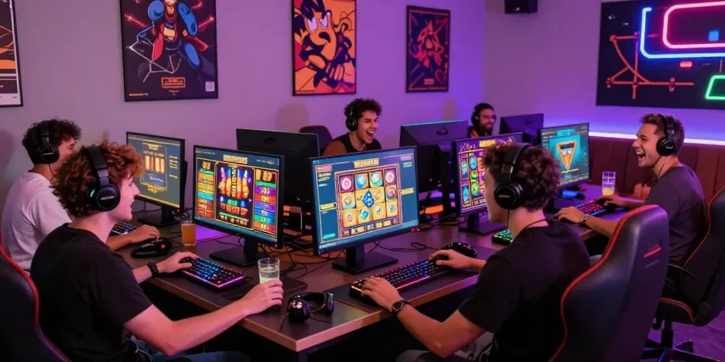 Engaged players enjoying slot games on luxury12 platform in a vibrant gaming lounge.
