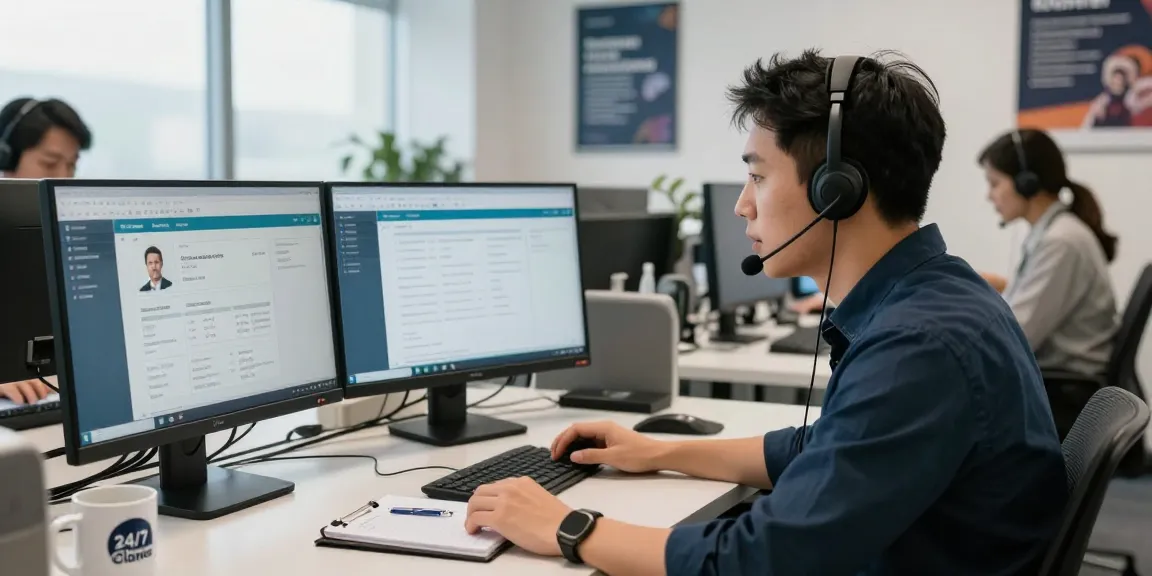 24/7 Clones customer service representative assisting clients in a modern call center.