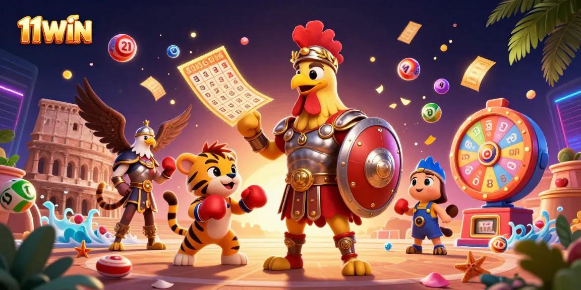Experience 11WIN's vibrant gaming world with animated characters and dynamic lottery elements.