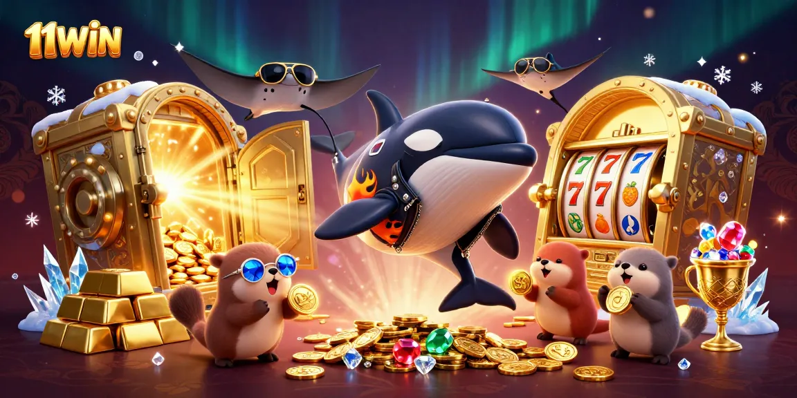 Experience 11WIN's thrilling casino scene with an orca, stingray, and otters amidst riches
