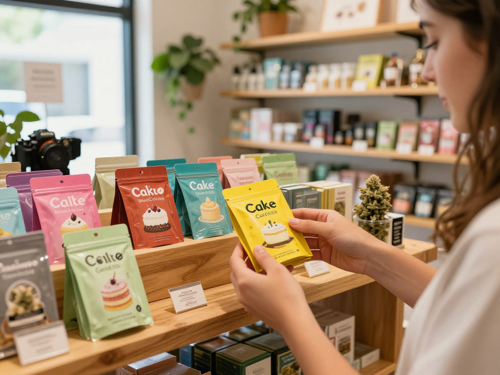 Customer exploring delicious Cake carts at a cannabis dispensary, surrounded by colorful product displays.