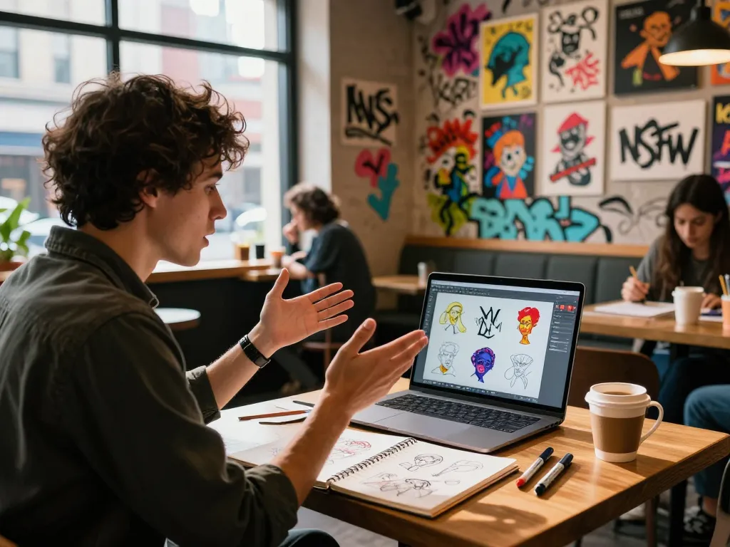 Engaging NSFW art discussion in an urban cafe, featuring colorful graffiti, a laptop showing creative designs, and artistic supplies.