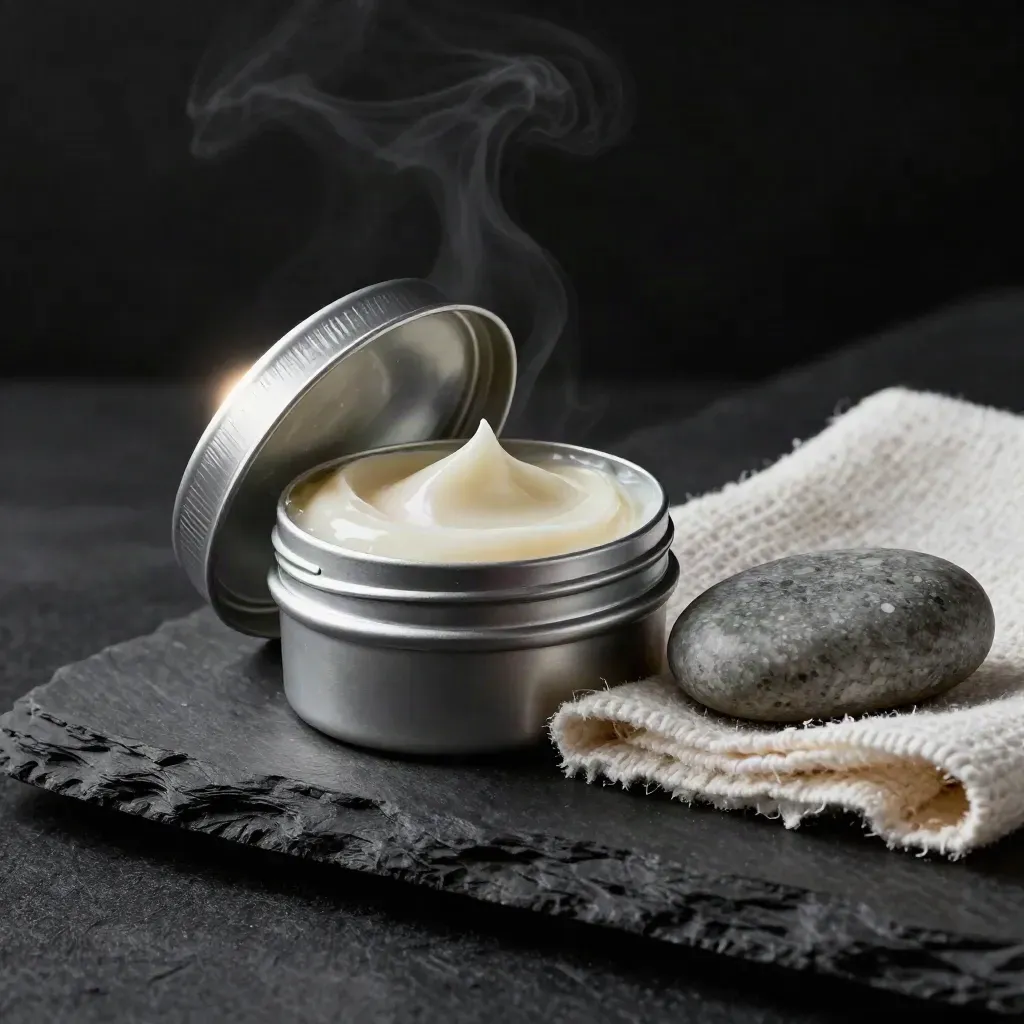 Macro of an open CBD cream tin with cream swirl, cloth and massage stone on dark slate.