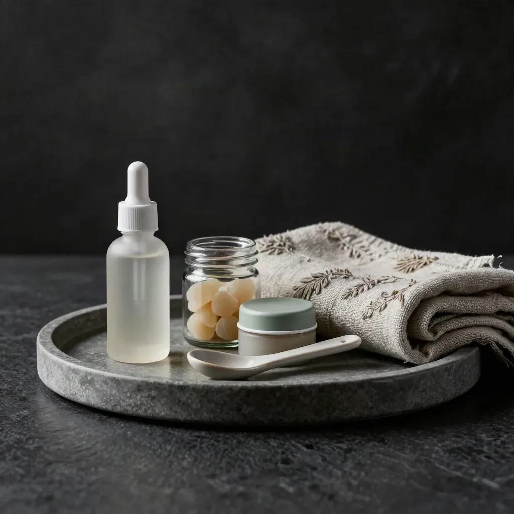 CBD sleep bundle with tincture, gummies and cream on a stone tray in dramatic low light