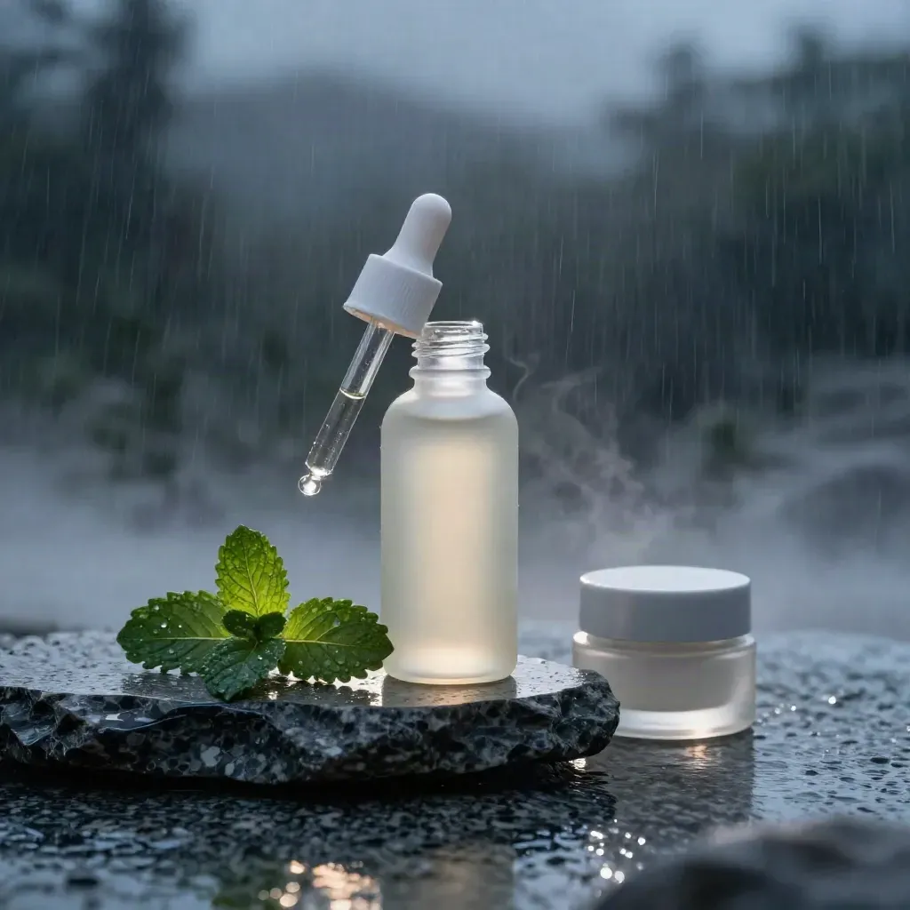 CBD tincture bottle with dropper, mint sprig and stone plinth in blue-hour mist.