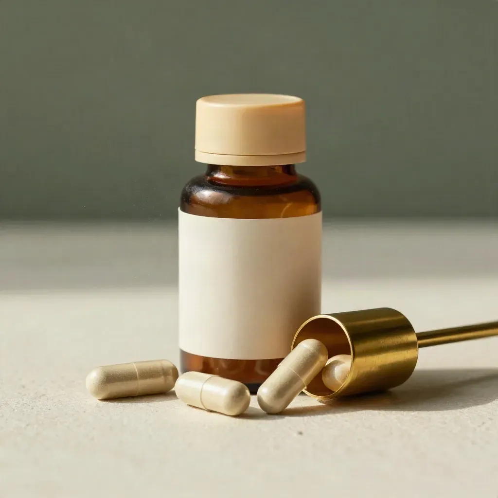 Amber CBD capsule bottle with brass scoop and three capsules on cream stone