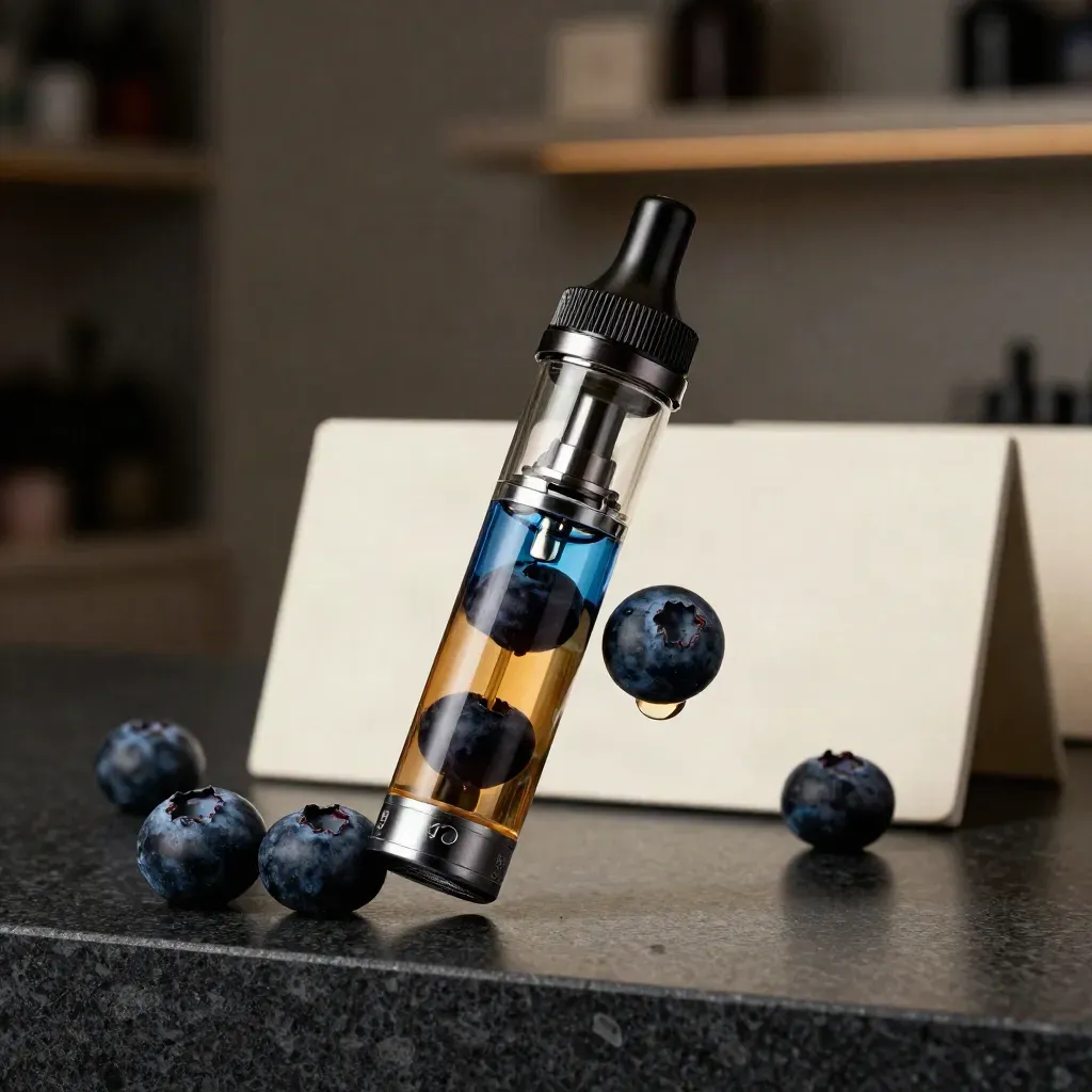 Blueberry vape oil cartridge, slim device, dark berries and vial on a dark studio surface.