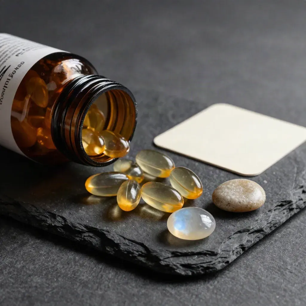 Overhead flatlay of CBD softgels, a plain bottle, moonstone pebble, on charcoal stone.