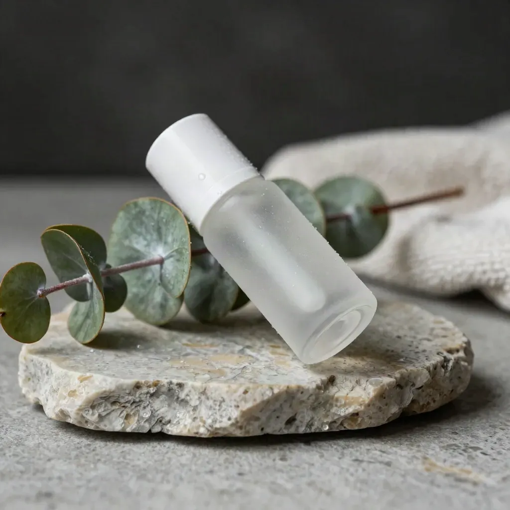Cooling roll-on bottle on stone with eucalyptus and a rolled towel, in a moody macro close-up.