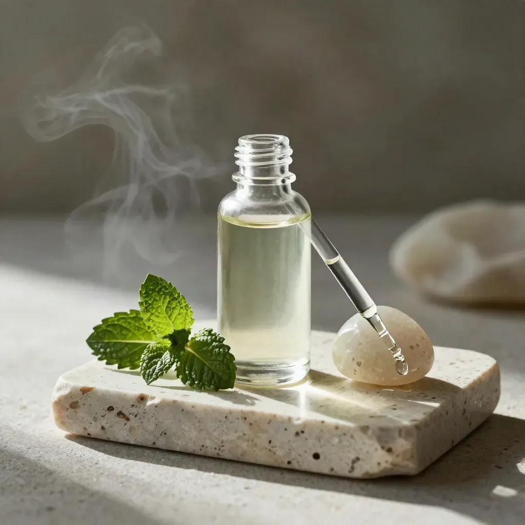 Unlabeled mint CBD tincture bottle with mint leaf, stone, and pipette on travertine