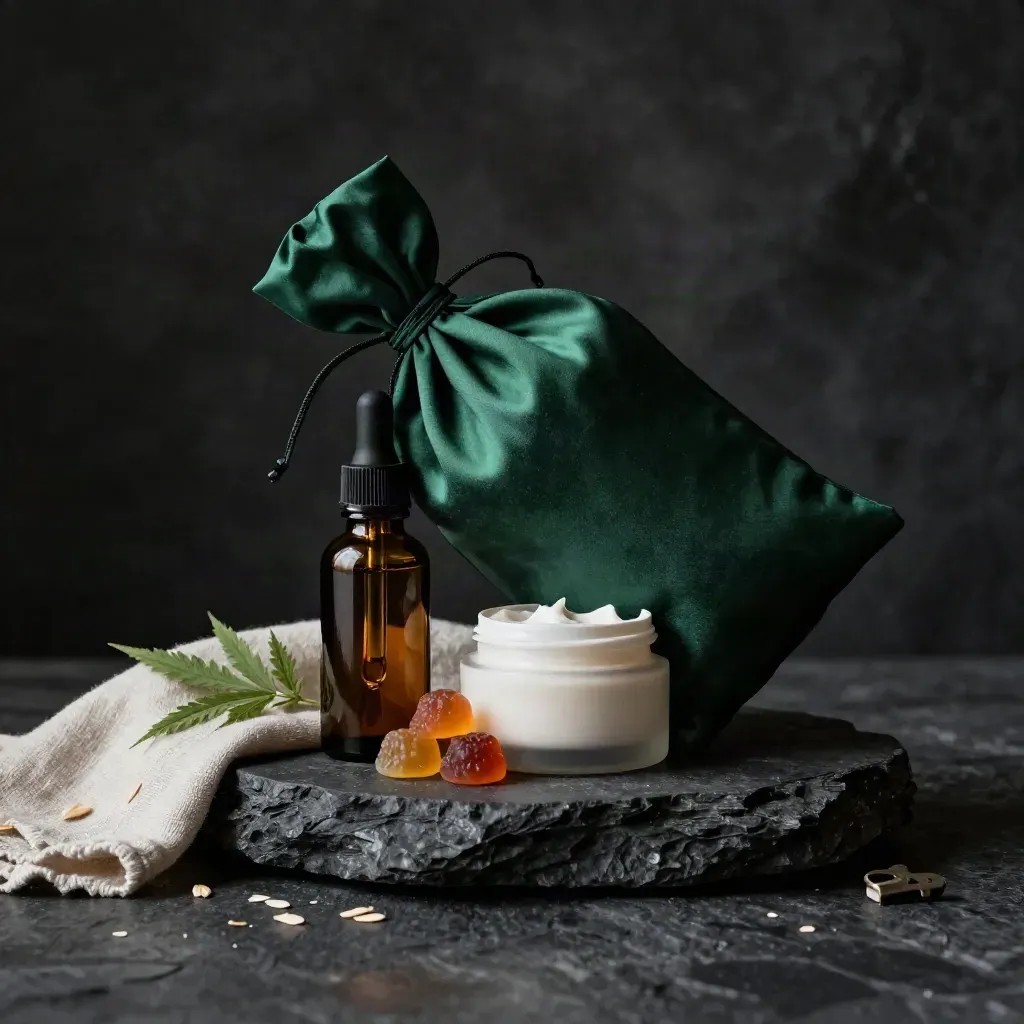 Amber tincture, gummies, cream, and satin pouch stacked on dark stone in moody studio light.