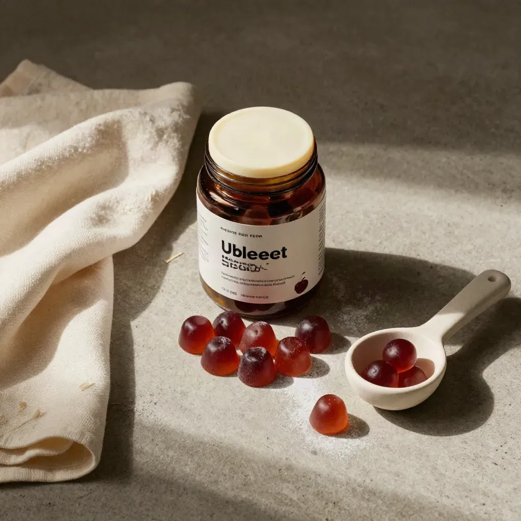 Overhead flatlay of a gummy jar, berry gummies, cream cloth and ceramic scoop on warm concrete