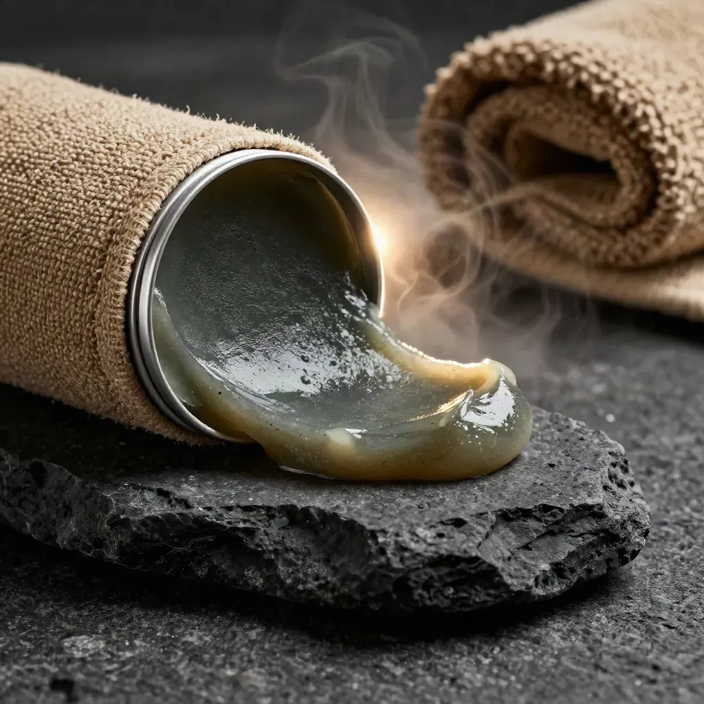 Open balm tin with a fresh swirl beside heated stone and a rolled towel edge in warm steam.