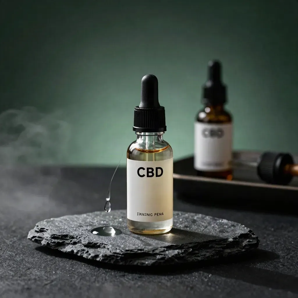 CBD oil bottle with pipette mid-drip on frosted stone in a dark studio