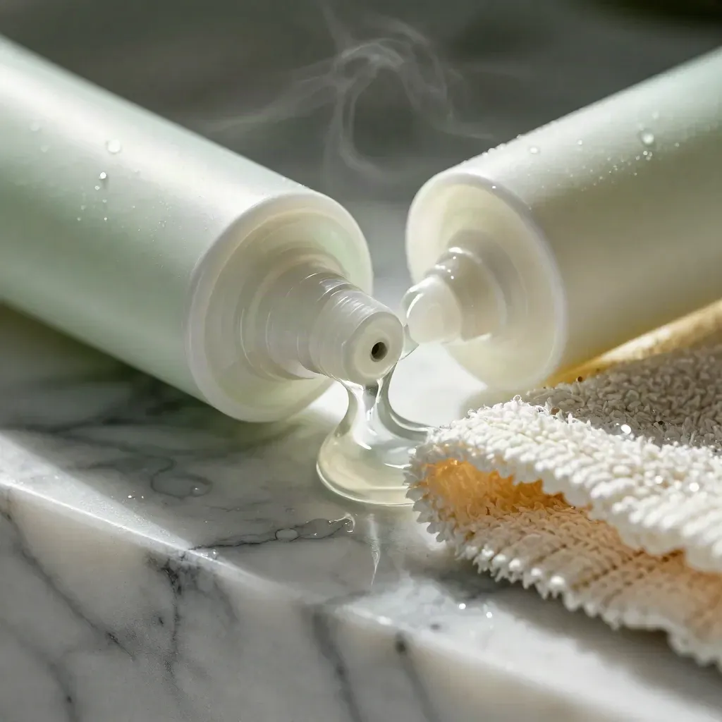 Macro of a cooling gel tube squeezing glossy gel over chilled marble with a towel edge and cool vapor