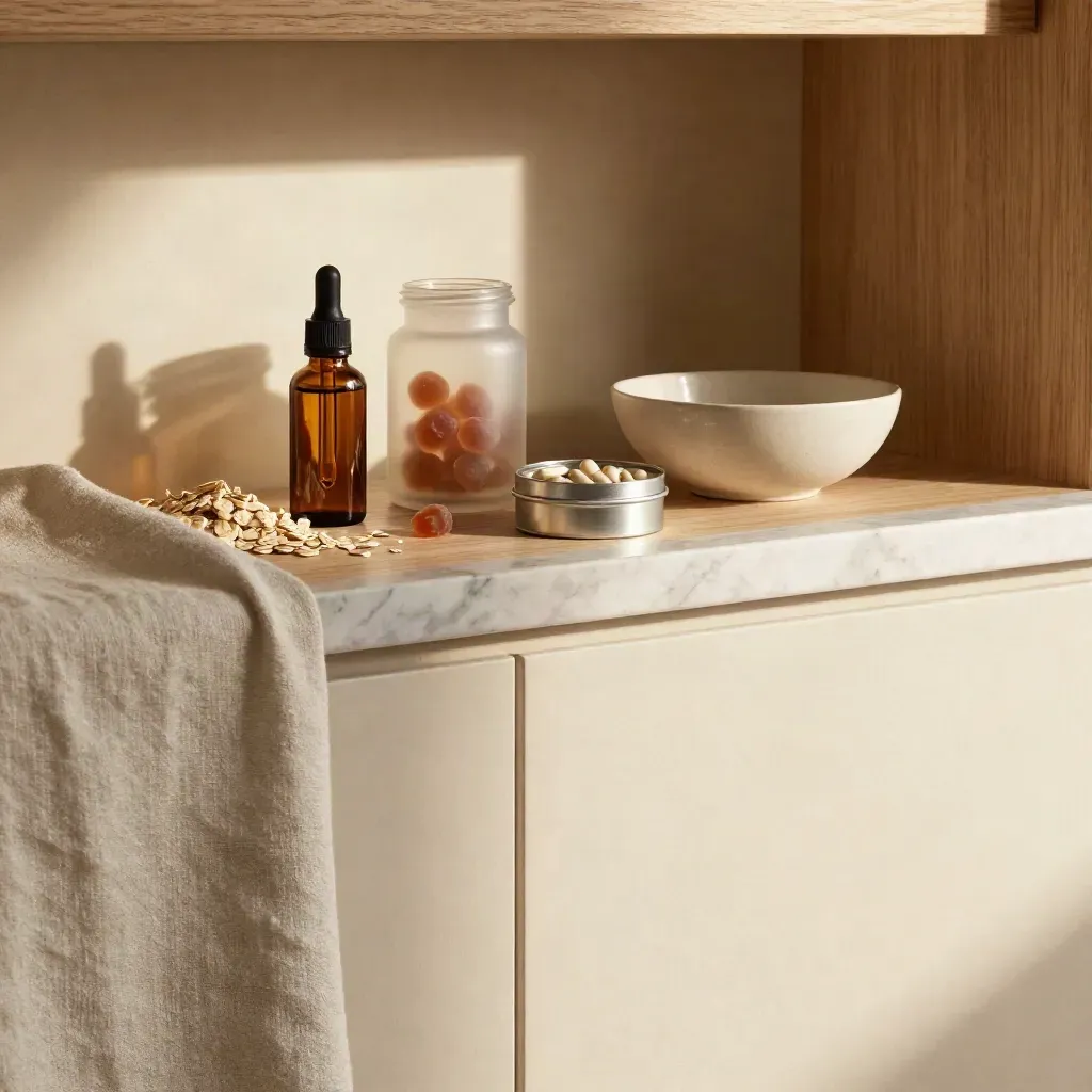 Sunlit spa shelf with CBD tincture, ceramic bowl, linen throw, and calm copy space.