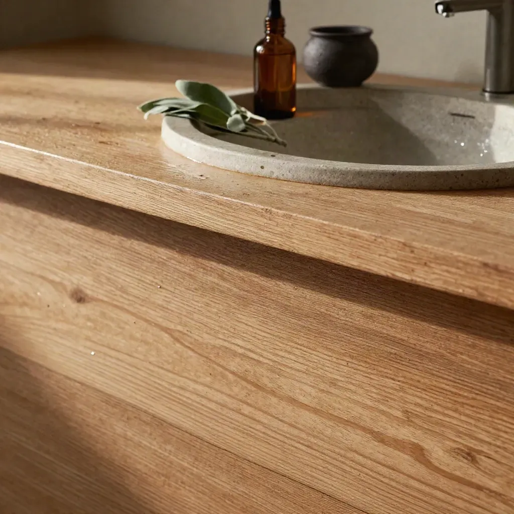 Weathered oak counter with stone basin, sage sprig, and amber bottle in soft rain light