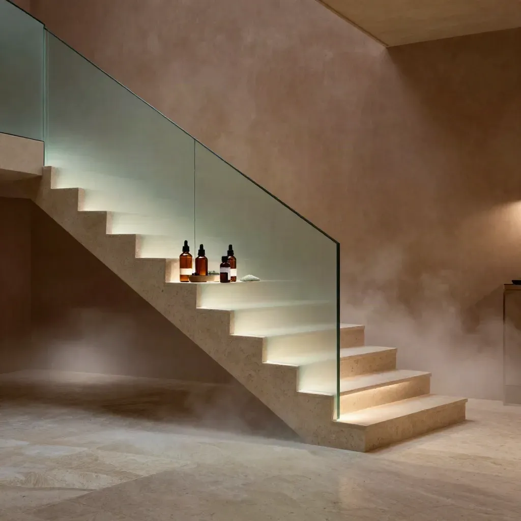 Sunlit atrium stair with frosted glass and CBD product forms above a calm open floor