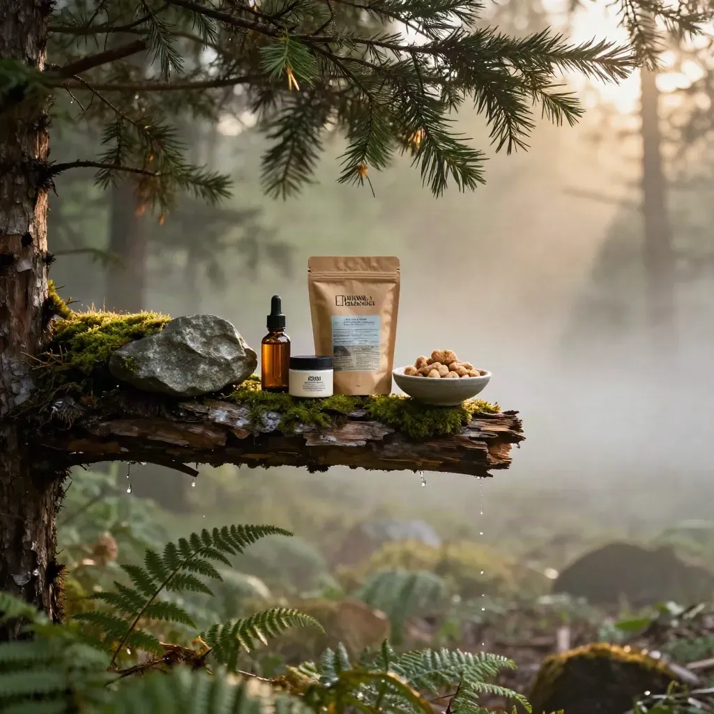 Cedar grove with pet-care CBD products on mossy stones in golden mist
