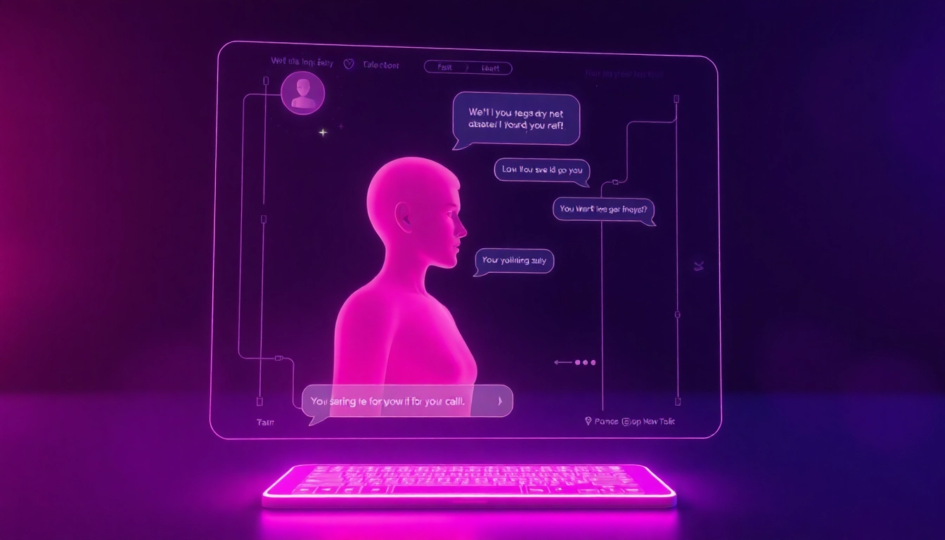 AI porn chat interface with a virtual character, showcasing engaging conversation elements in a futuristic setting.