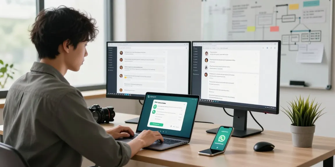 Young professional using WhatsApp電腦版 on a sleek desk in a modern workspace