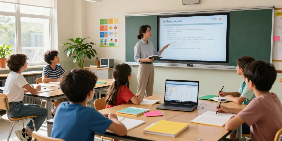 Teacher utilizing EMStudio online teacher planner in a vibrant classroom setting to manage lesson plans and student activities.