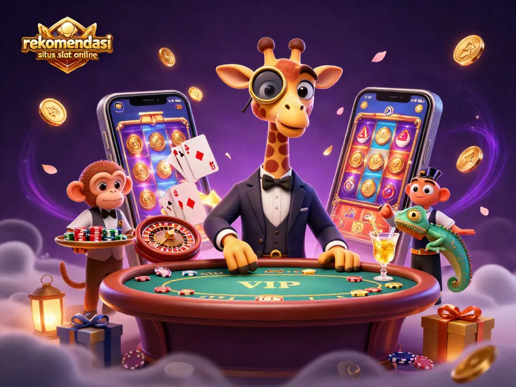 Rekomendasi situs slot online dengan ilustrasi 3D menarik, menampilkan jerapah, monyet, dan bunglon di kasino