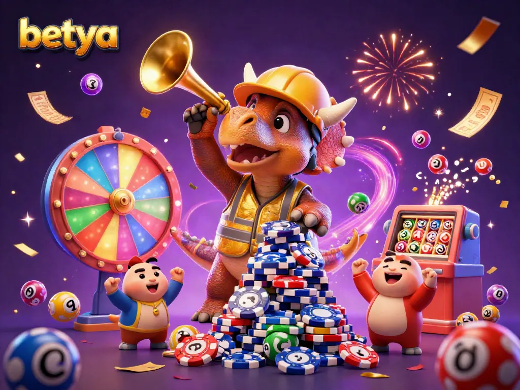 Betya showcases a lively, colorful scene of a triceratops building poker chip pyramids amidst lottery excitement.