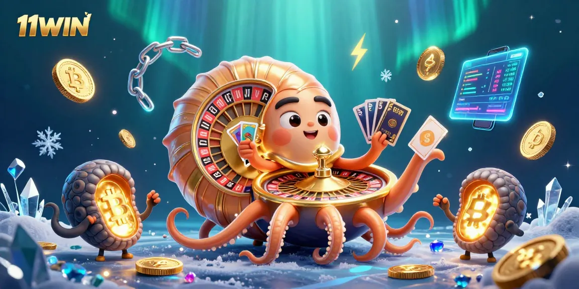Experience thrilling wins with 11WIN in a vibrant casino scene featuring a giant nautilus and crypto elements.