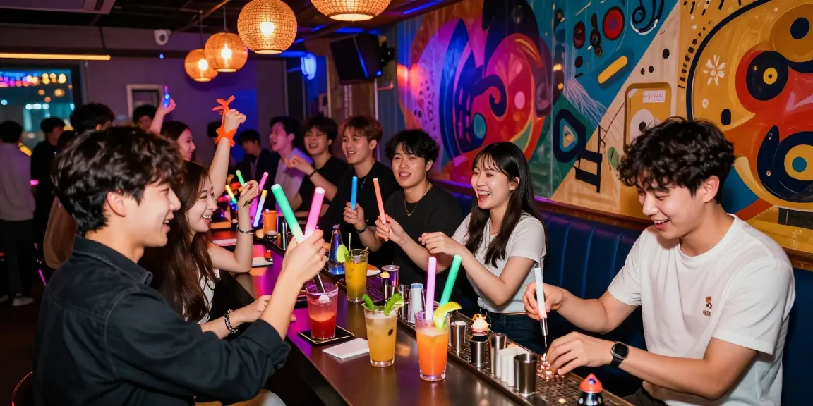 Dynamic nightlife scene at 상봉동 한국관나이트 with friends enjoying cocktails and dancing.