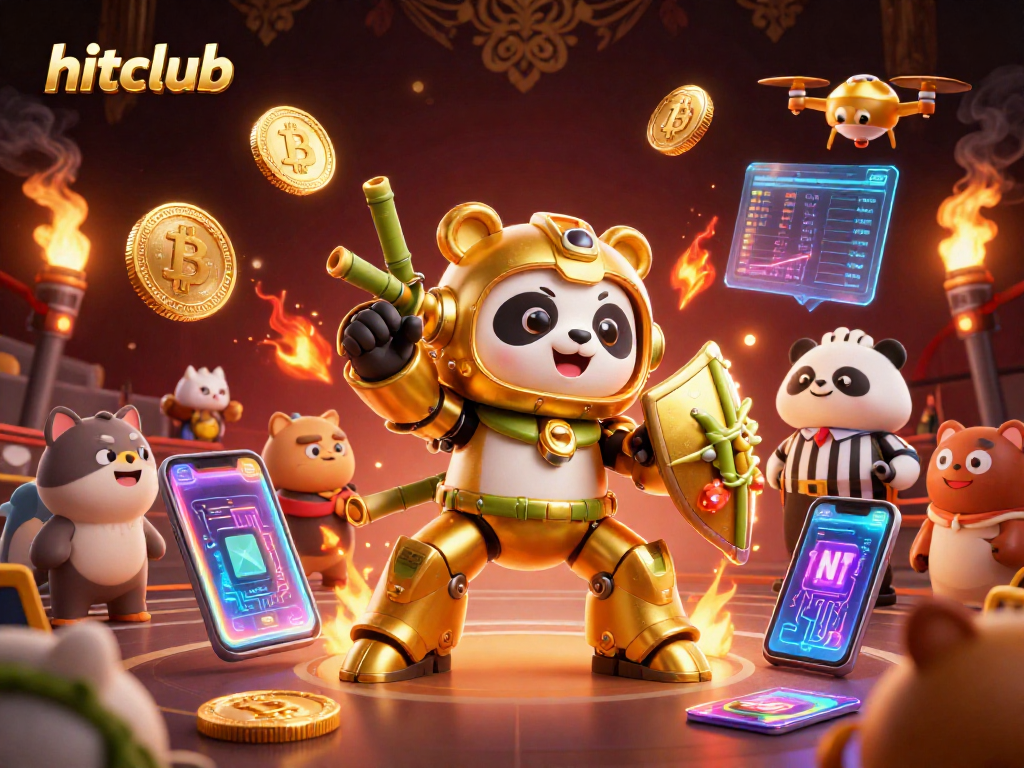 Hitclub showcases a thrilling scene with a mech-suit golden panda at a vibrant crypto casino battle.