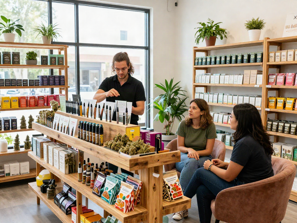 Welcoming cannabis shop scene showcasing Muha Meds products with knowledgeable staff assisting customers