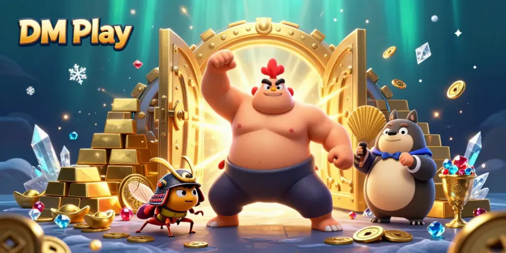 DM Play features a dynamic scene with a powerful sumo rooster, fierce cricket, and tanuki announcer amidst treasures.
