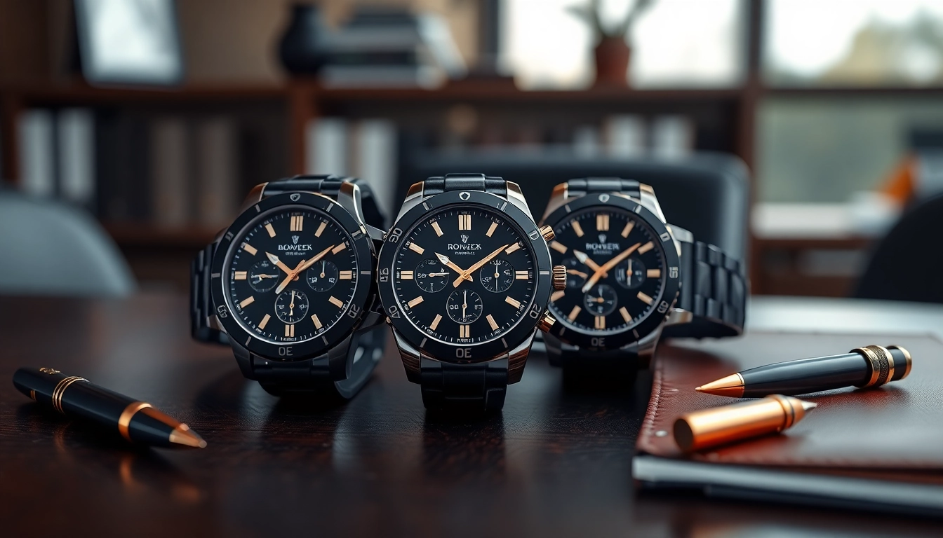 Showcasing super clone watches elegantly placed on a dark wooden surface with luxury props.