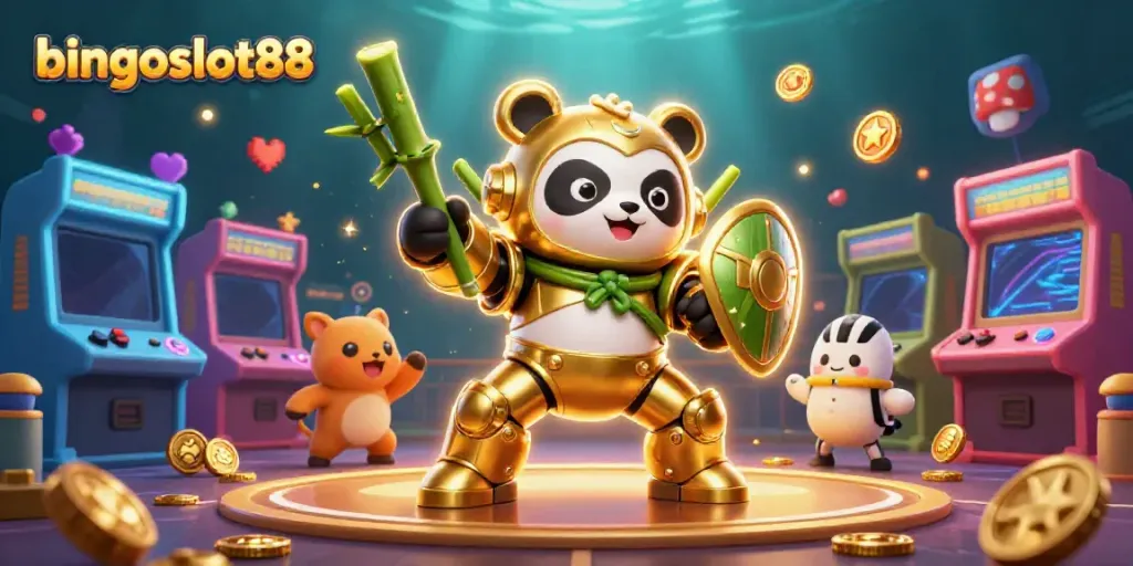 Bermain bingoslot88 dengan karakter panda emas dalam robot bertema kasino yang menghibur