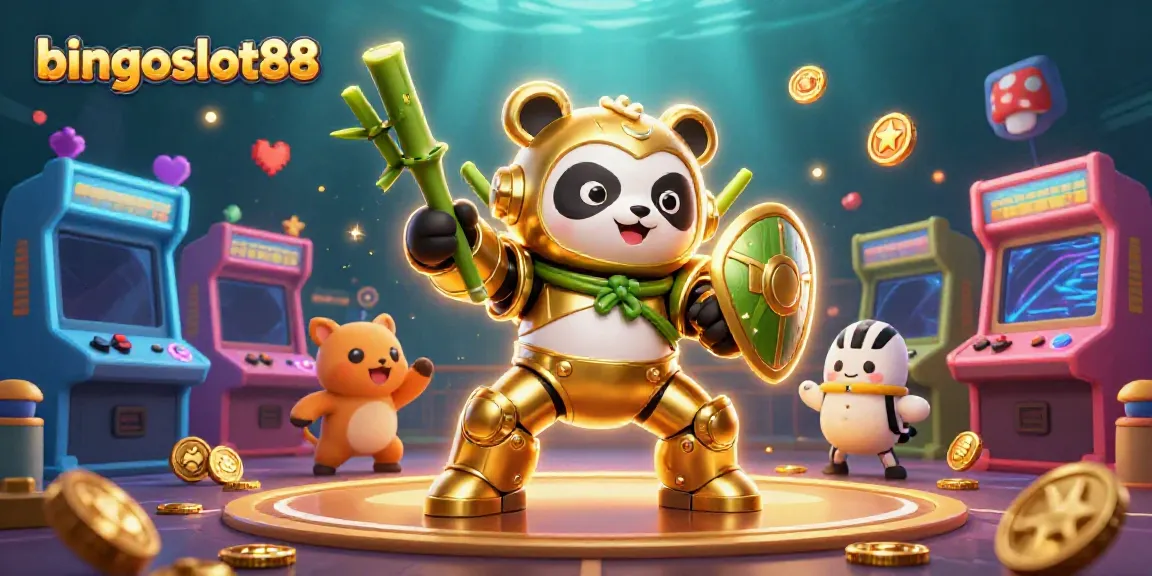 Bermain bingoslot88 dengan karakter panda emas dalam robot bertema kasino yang menghibur