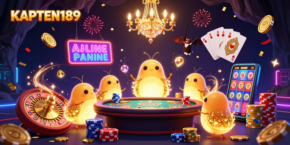 KAPTEN189 bermain slot online dengan keceriaan di kasino digital, dikelilingi koin emas dan efek cahaya yang menawan.