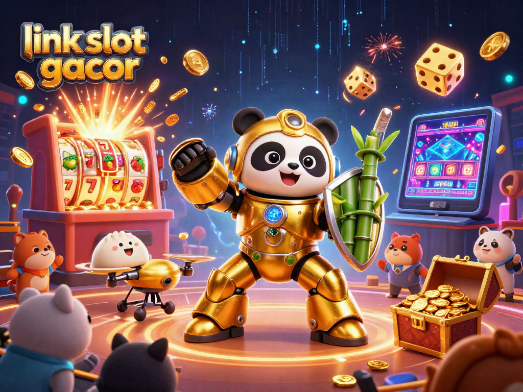 Experience the excitement of link slot gacor as the golden panda battles in a colorful casino arena with dynamic elements.
