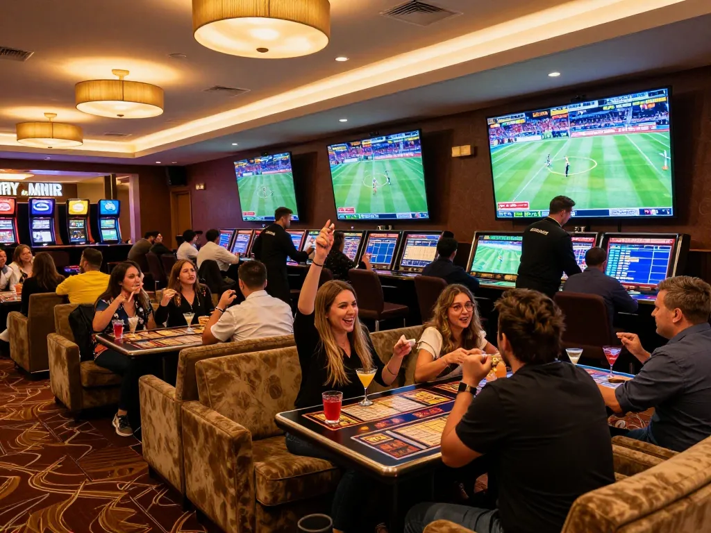 CM88 sports bettors enjoying live matches in a trendy casino lounge