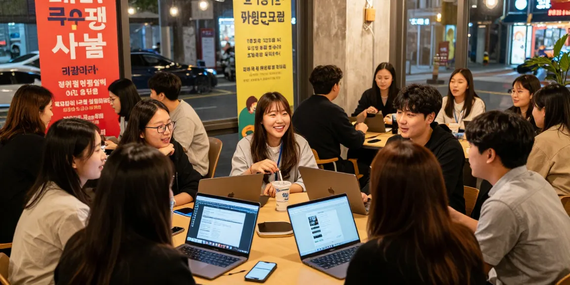하루이야기 커뮤니티에서 사람들의 활기찬 대화와 구인정보 공유 모습